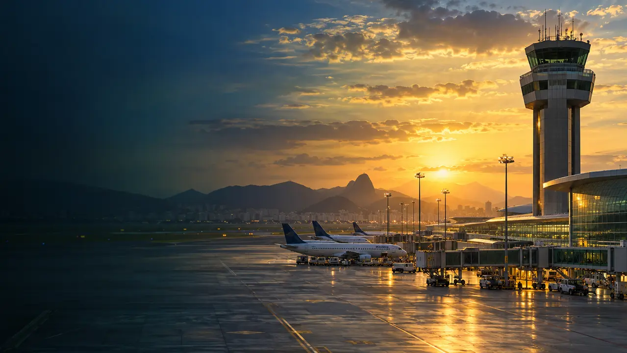 Torre de controle e pátio de aeroporto ao pôr do sol