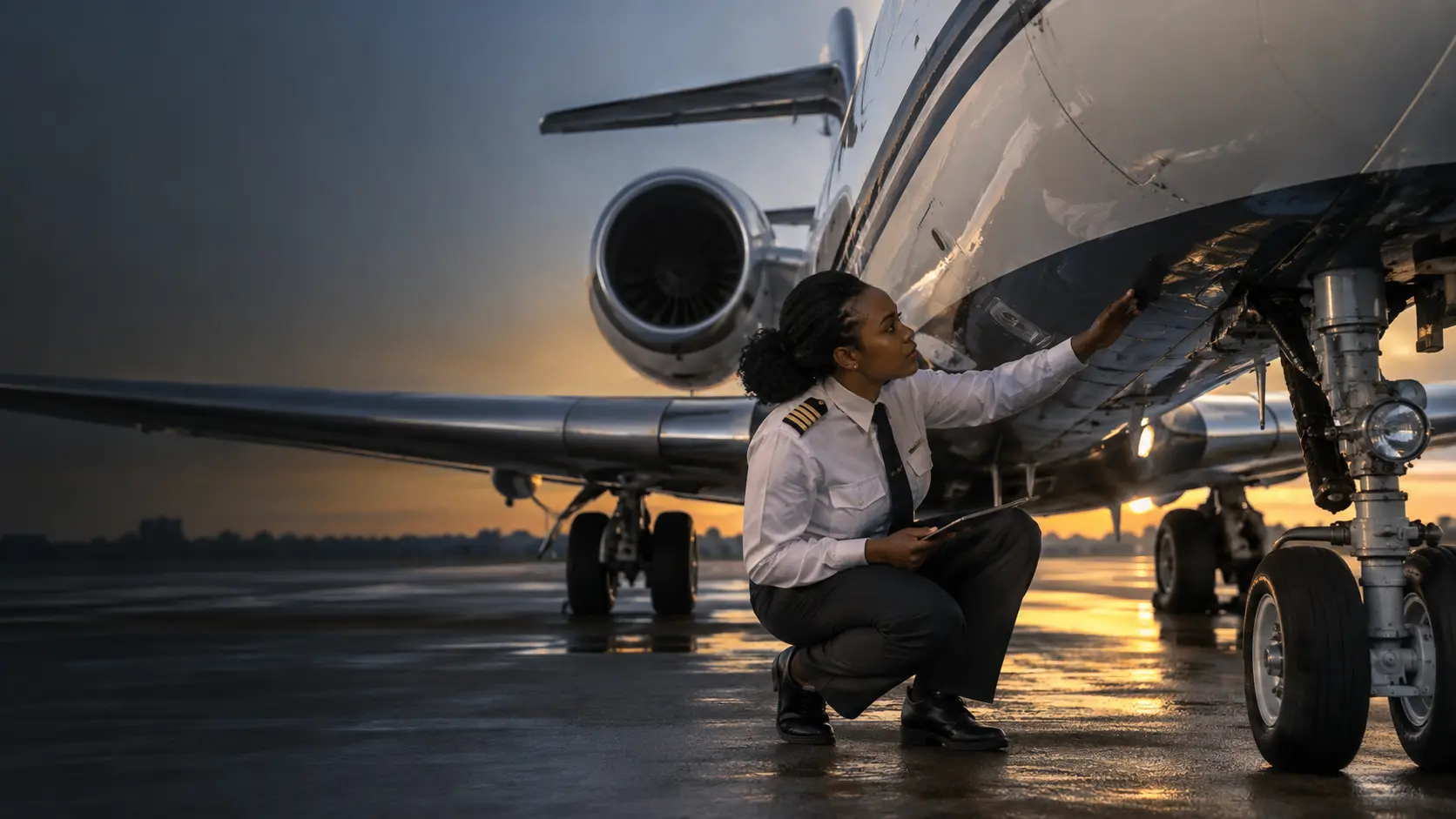 Profissional inspecionando componentes de uma aeronave