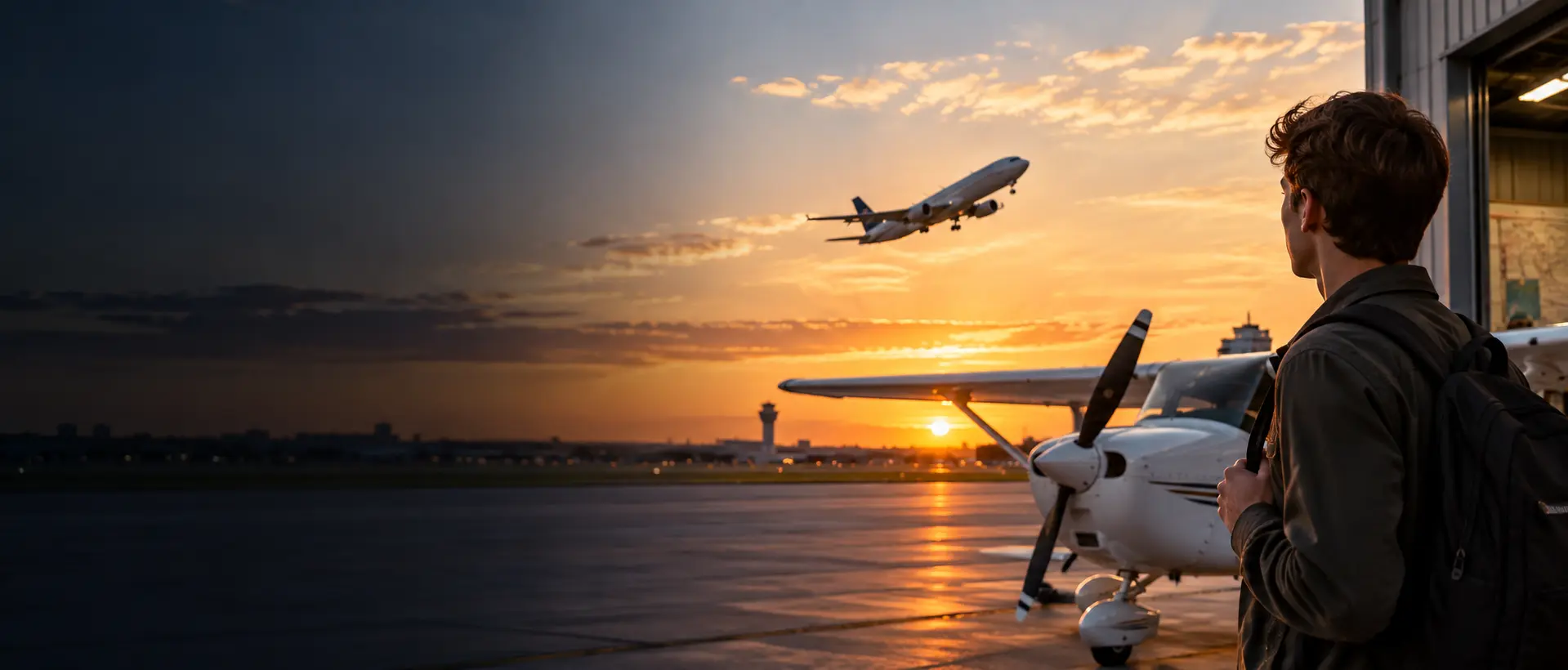 Aeronave leve de treinamento em um aeroporto