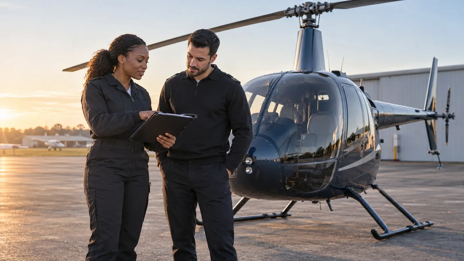 Instrutora e aluno revisando o voo junto a um helicóptero